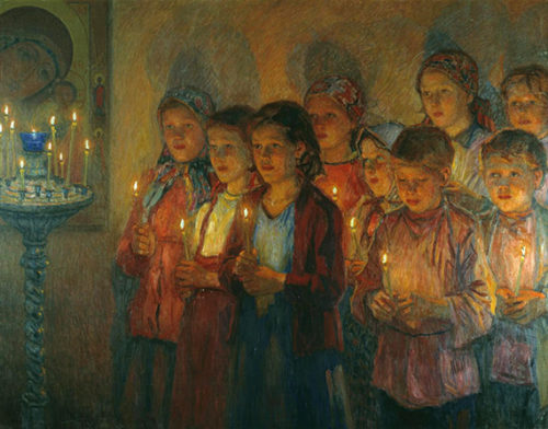 Н. П. Богданов-Бельский, «В церкви», 1910-е гг.